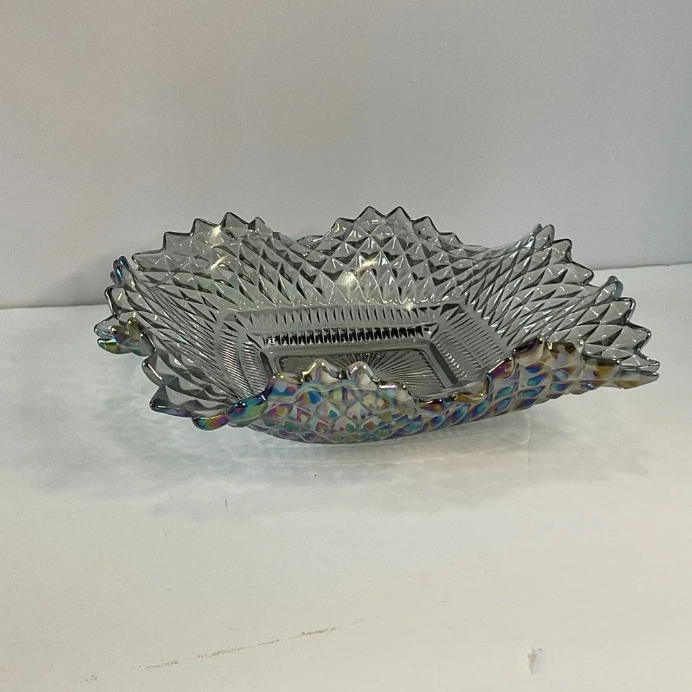 Indiana Glass Diamond Point Iridescent Carnival Glass Square dish Smoke Gray 7.5